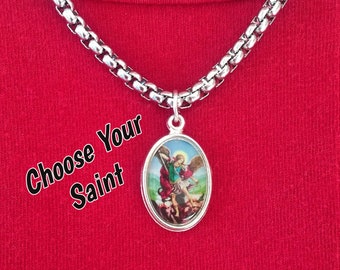 Halsband i rostfritt stål, Sankt Mikael-hänge, Halsband med helgonmedalj, Skyddsängelhalsband, Katolskt halsband för män och kvinnor