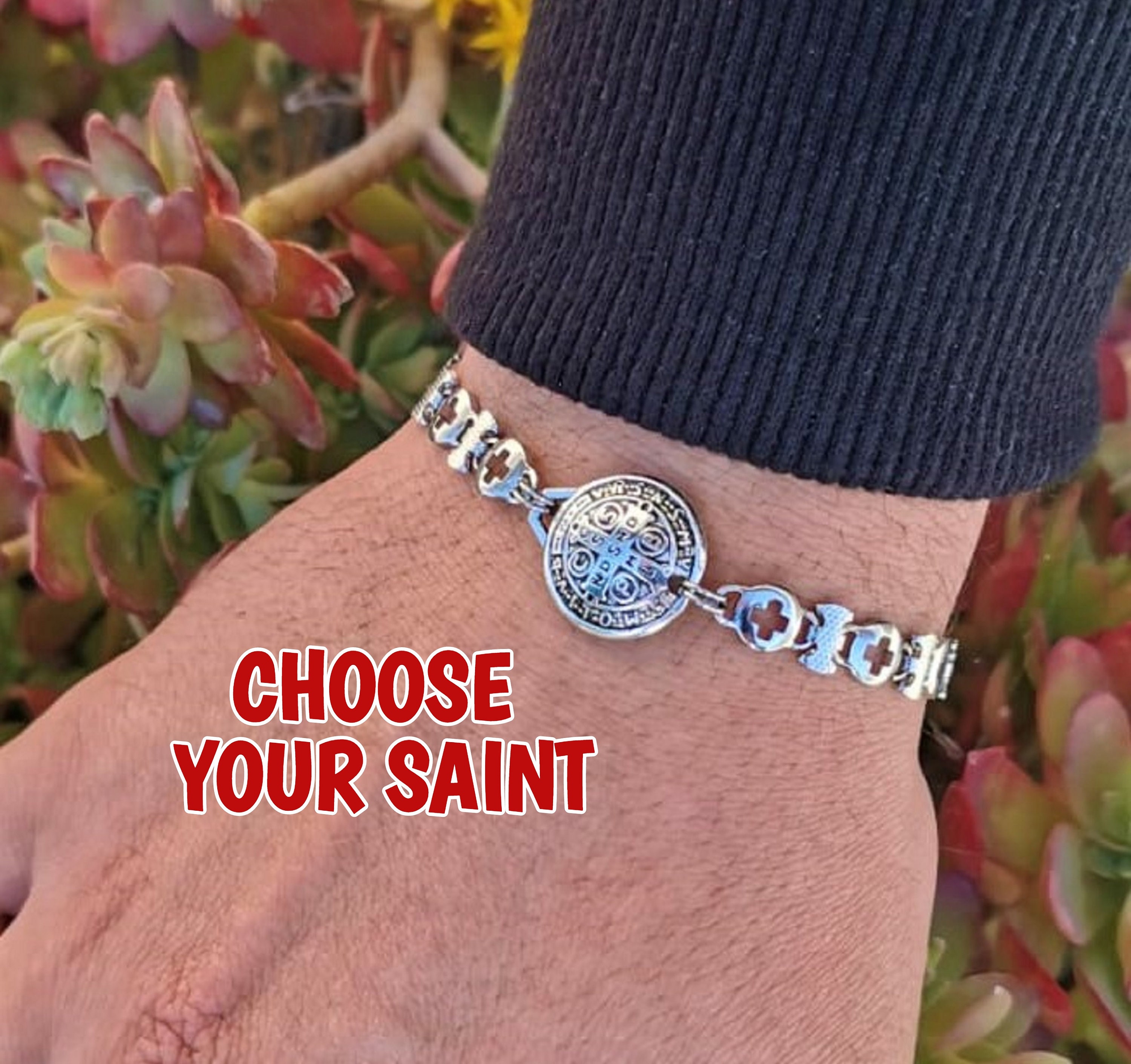 Catholic Saint Medal Bracelet Cross Pattern Chain Patron Etsy
