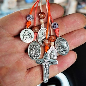 Protection from Evil Catholic Door Hanger / Choose Your Saints / Rear View Mirror Charms / Colorful Cord / Patron Saint Medals