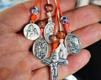 Protection from Evil Catholic Door Hanger / Choose Your Saints / Rear View Mirror Charms / Colorful Cord / Patron Saint Medals