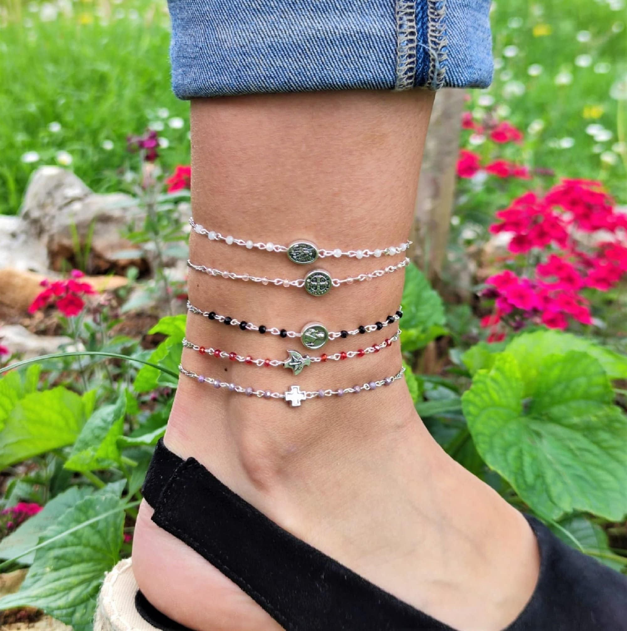 Rosary Anklet With Colorful Beads and Catholic Saint Charm, Religious Anklet For Adults or Kids, Adjustable Clasp, Custom Ankle Bracelet