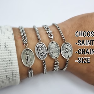 Catholic Saint Bracelet, Patron Saint Medals, Chain Bracelet Silver Men Women Boys Girls Choose SAINT & CHAIN Catholic Saint Medals Bracelet