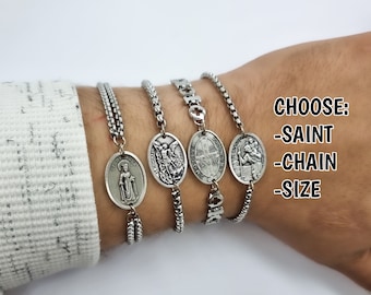 Catholic Saint Bracelet, Patron Saint Medals, Chain Bracelet Silver Men Women Boys Girls Choose SAINT & CHAIN Catholic Saint Medals Bracelet