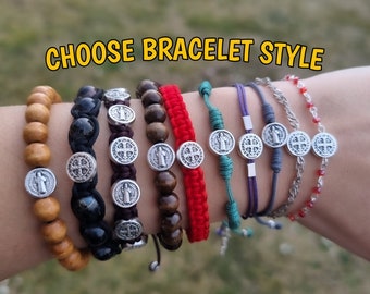 Heiliges Benedikt-Medaillenarmband, WÄHLEN SIE DEN ARMBANDSTIL, gewebte Kette mit Perlen aus Makramee, individuelle katholische Armbänder, handgefertigter religiöser Schmuck