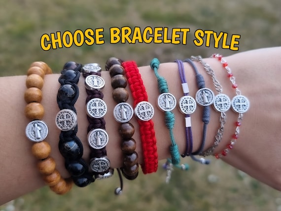 Saint Benedict Medal Bracelet, CHOOSE BRACELET STYLE, Woven Chain Beaded Macrame, Custom Catholic Bracelets, Handmade Religious Jewelry