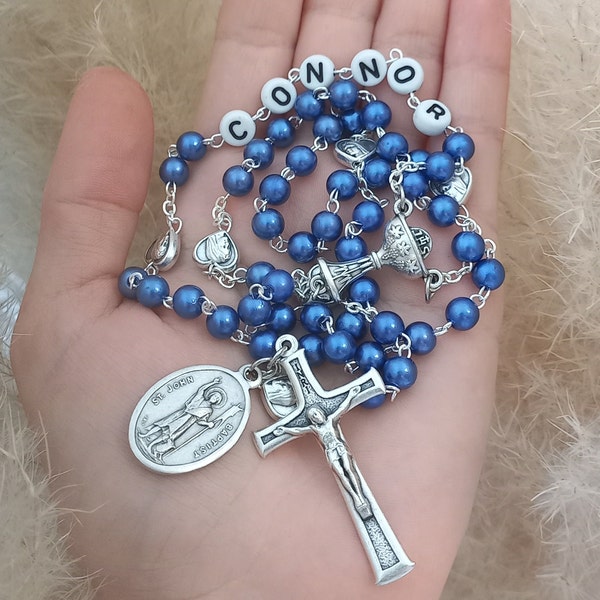Rosaire de première communion pour garçons et filles, chapelet avec nom, perles de chapelet personnalisées, cadeaux de communion faveurs, CHOISIR SAINTE MÉDAILLE