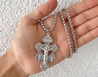Verzeihung Kruzifix Halskette, Edelstahl Kette, St Benedikt und Miraculous Medaille Kreuz Charms Medaillen, Heilige Medaillon Christian Halskette