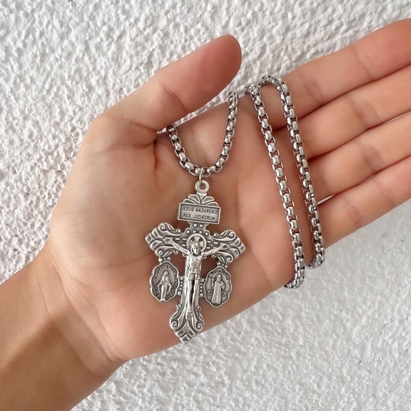 Pardon Crucifix Necklace, Stainless Steel Chain, St Benedict And Miraculous Medal Cross Charms Medals, Holy Medallion Christian Necklace