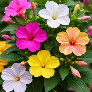 May include: Close-up of vibrant flowers in shades of pink, white, yellow, and orange. The petals have a delicate texture, and the blooms are surrounded by green leaves and unopened buds. The flowers are in full bloom, showcasing their bright colors.