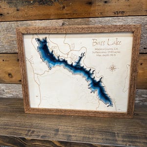 Mapa de profundidad de lago personalizado ANY LAKE: mapa de madera personalizado grabado a láser con marco de roble; arte batimétrico de pared de lago de 2, 4 o 9 capas imagen 12