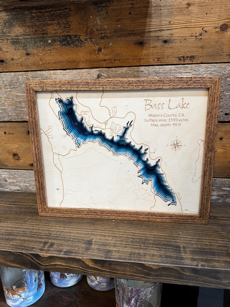 Mapa de profundidad de lago personalizado ANY LAKE: mapa de madera personalizado grabado a láser con marco de roble; arte batimétrico de pared de lago de 2, 4 o 9 capas imagen 12