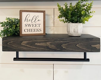 Stained Floating Bathroom Shelf with Matte Black Towel Bar