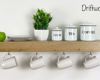 Stained Floating Shelf with Coffee Mug Hooks: Farmhouse Style