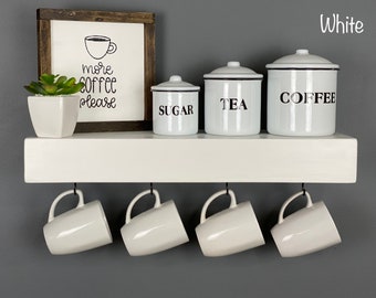 Painted Floating Shelf with Coffee Mug Hooks | FREE SHIPPING |