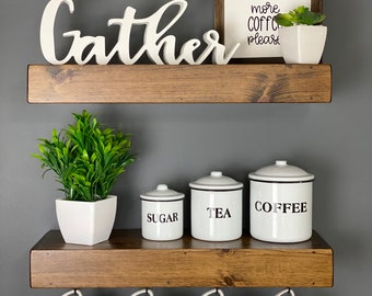 Coffee Bar Shelf Set of 2 | FREE SHIPPING | Floating Shelves with Coffee Mug Hooks