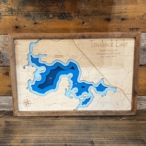 Mapa de profundidad de lago personalizado ANY LAKE: mapa de madera personalizado grabado a láser con marco de roble; arte batimétrico de pared de lago de 2, 4 o 9 capas imagen 19