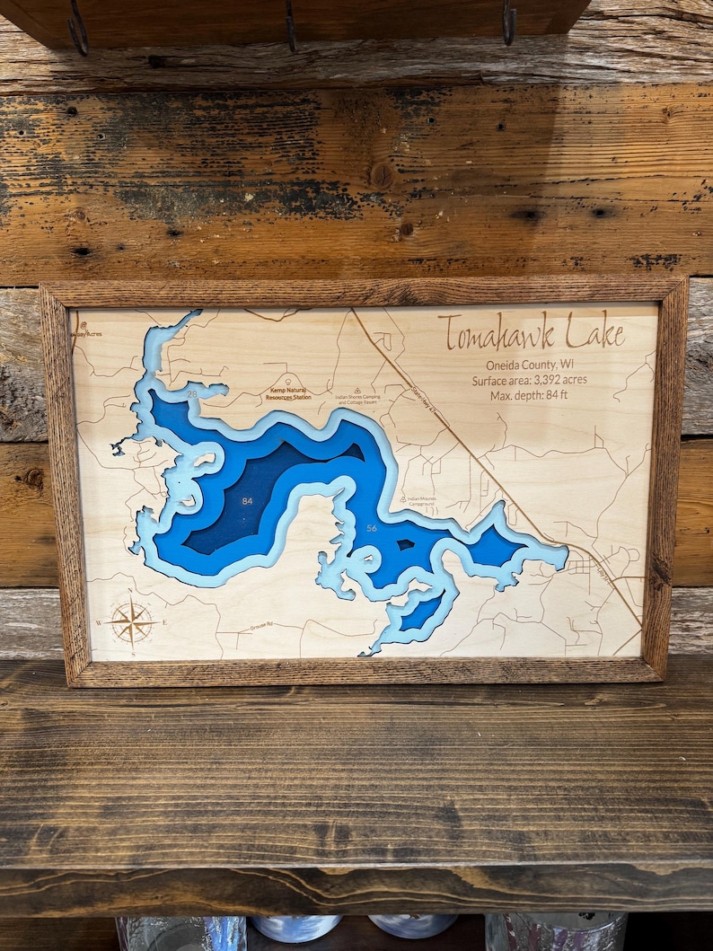 Mapa de profundidad de lago personalizado ANY LAKE: mapa de madera personalizado grabado a láser con marco de roble; arte batimétrico de pared de lago de 2, 4 o 9 capas imagen 19