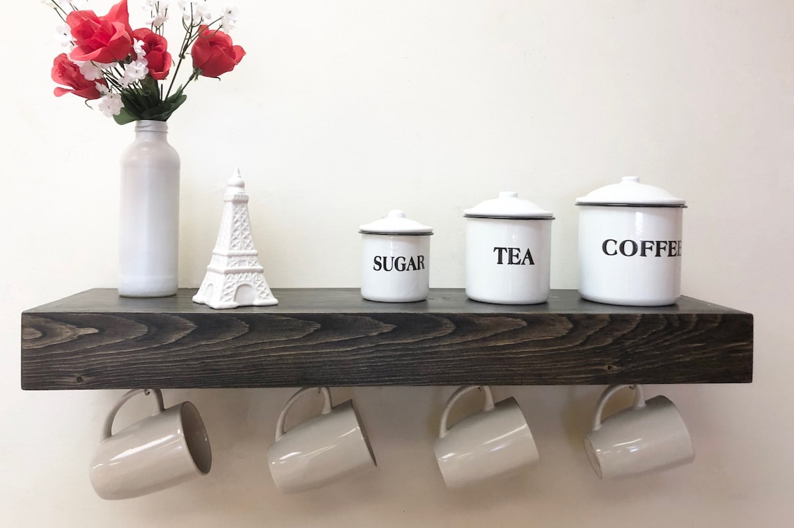 Floating Shelf with Coffee Mug Hooks Etsy