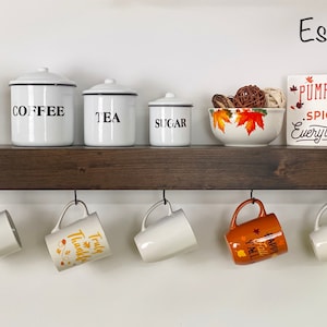 Floating Shelf with Coffee Mug Hooks | Stained | FREE SHIPPING |