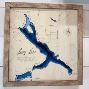 Puede incluir: Un mapa de madera enmarcado del lago Long en el condado de Aroostook, Maine. El mapa presenta un dise&ntilde;o en capas detallado que muestra la profundidad del lago en tonos de azul. El texto incluye el nombre del lago, la superficie y la profundidad m&aacute;xima de 45,72 metros.