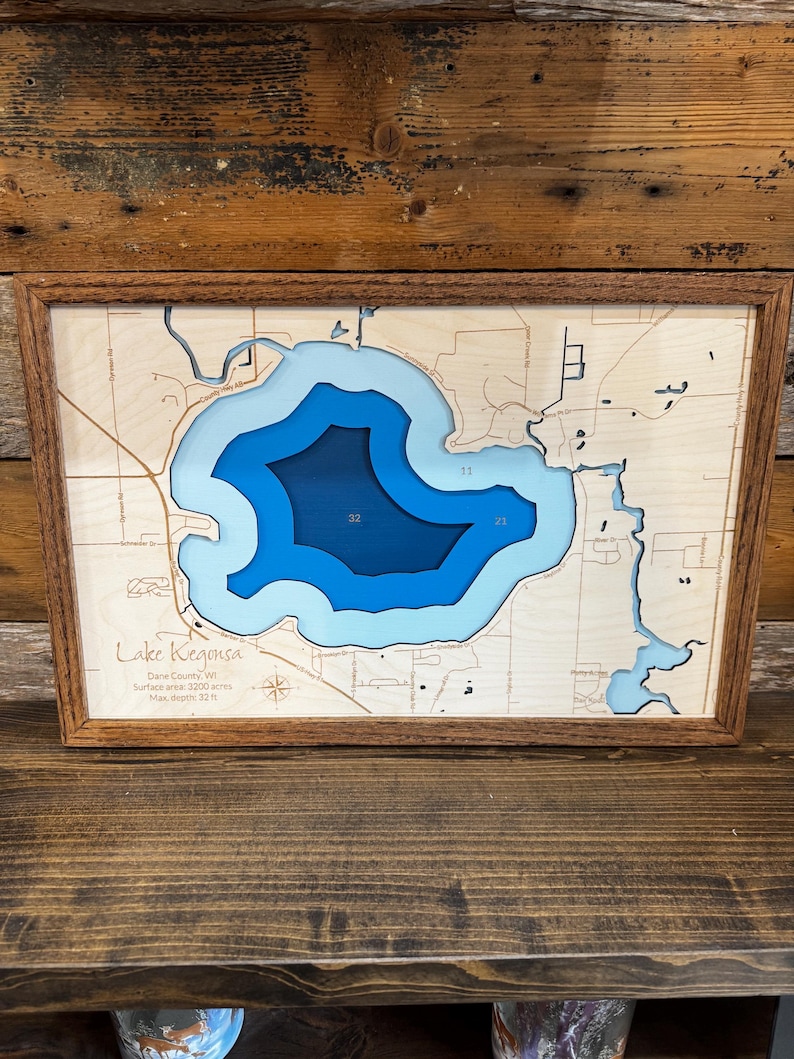 Mapa de profundidad de lago personalizado ANY LAKE: mapa de madera personalizado grabado a láser con marco de roble; arte batimétrico de pared de lago de 2, 4 o 9 capas imagen 18