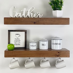 Coffee Bar Shelf Set of 2 | FREE SHIPPING | Floating Shelves with Coffee Mug Hooks