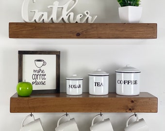 Coffee Bar Shelf Set of 2 | FREE SHIPPING | Floating Shelves with Coffee Mug Hooks