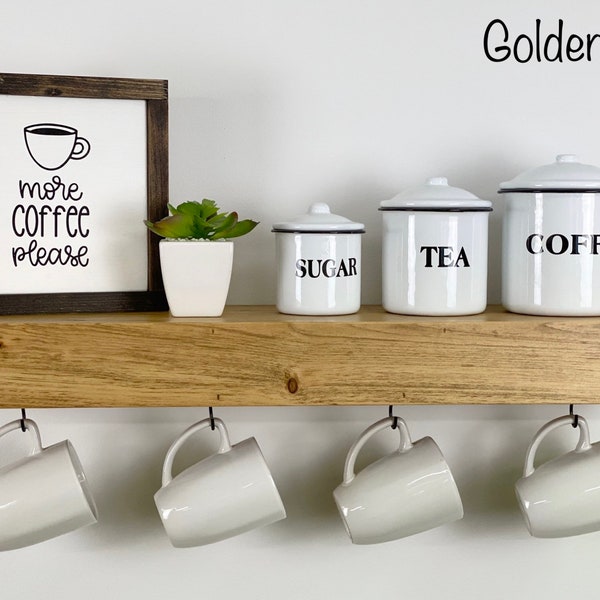 Floating Shelf with Coffee Mug Hooks | Stained | FREE SHIPPING |