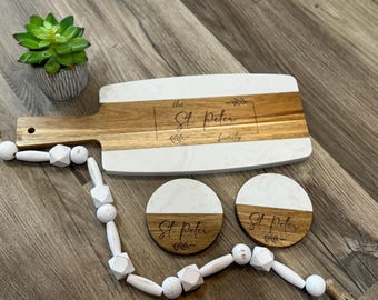 Personalized Engraved Marble + Wood Charcuterie Board with Cheese Knives for serving and cutting