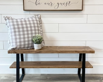Custom Farmhouse Bench for Entryway Handmade of Wood with Black Metal Trapezoid Legs