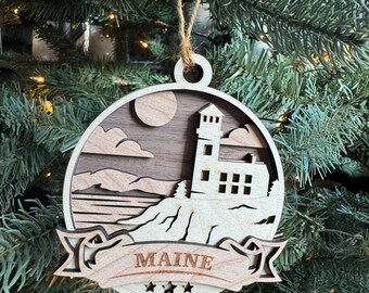 Maine Lighthouse Laser-Engraved Christmas Tree Ornament