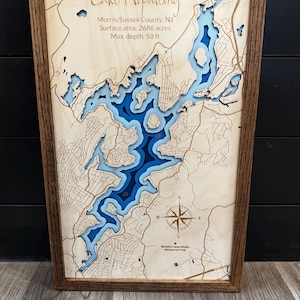 Mapa de profundidad de lago personalizado ANY LAKE: mapa de madera personalizado grabado a láser con marco de roble; arte batimétrico de pared de lago de 2, 4 o 9 capas imagen 14