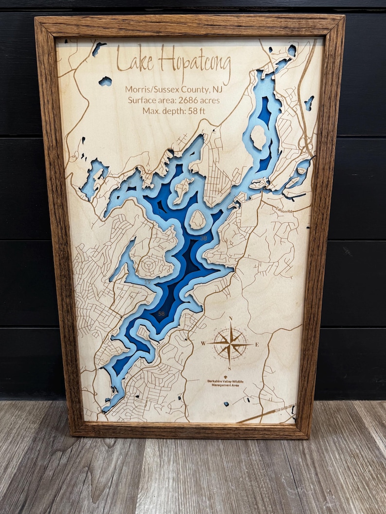 Mapa de profundidad de lago personalizado ANY LAKE: mapa de madera personalizado grabado a láser con marco de roble; arte batimétrico de pared de lago de 2, 4 o 9 capas imagen 14