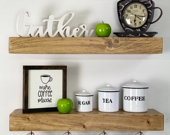Coffee Bar Shelf Set of 2 | FREE SHIPPING | Floating Shelves with Coffee Mug Hooks