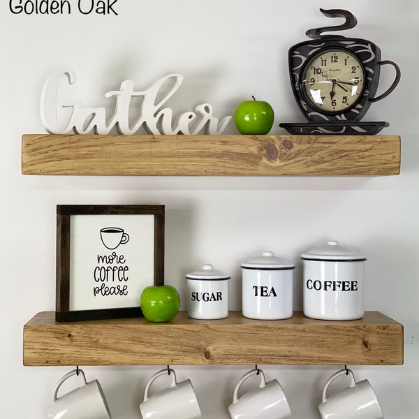 Coffee Bar Shelf Set of 2 | FREE SHIPPING | Floating Shelves with Coffee Mug Hooks