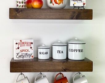 Coffee Bar Shelf Set of 2 | FREE SHIPPING | Floating Shelves with Coffee Mug Hooks