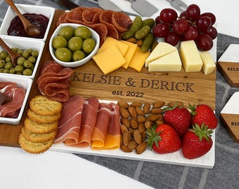 Personalized Engraved Marble + Wood Charcuterie Board with Bowls, Spoons, and Cheese Knives for serving and cutting