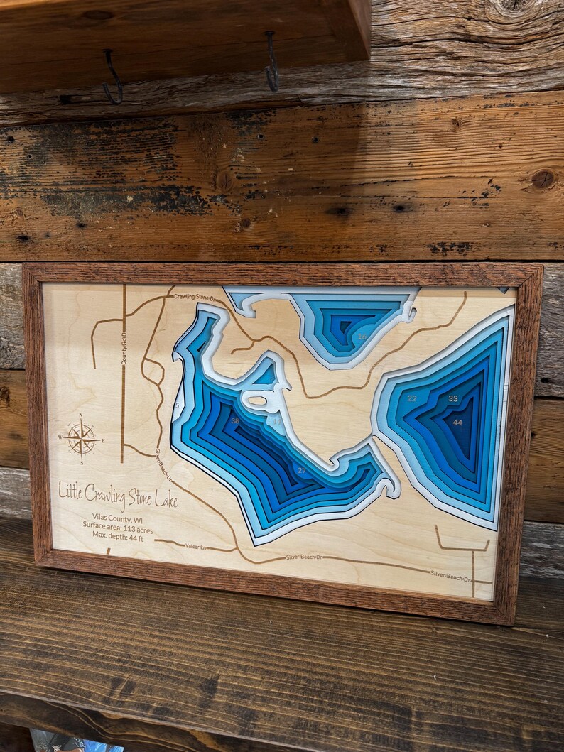 Mapa de profundidad de lago personalizado ANY LAKE: mapa de madera personalizado grabado a láser con marco de roble; arte batimétrico de pared de lago de 2, 4 o 9 capas imagen 17