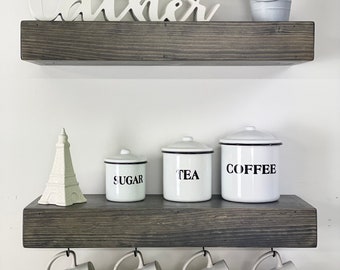 Coffee Bar Shelf Set: Farmhouse Floating Shelves with Mug Hooks