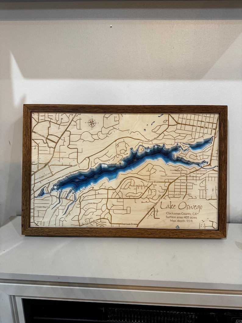 Mapa de profundidad de lago personalizado ANY LAKE: mapa de madera personalizado grabado a láser con marco de roble; arte batimétrico de pared de lago de 2, 4 o 9 capas imagen 9