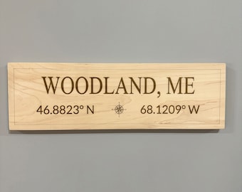 Personalized Maple Plaque with City Name and Coordinates - Custom Laser Engraved