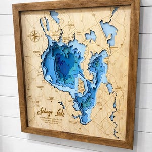 ANY LAKE Custom Lake Depth Map – Personalized Laser Engraved Wood Map with Oak Frame – 2, 4, or 9 Layer Bathymetric Lake Wall Art