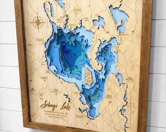 ANY LAKE Custom Lake Depth Map – Personalized Laser Engraved Wood Map with Oak Frame – 2, 4, or 9 Layer Bathymetric Lake Wall Art