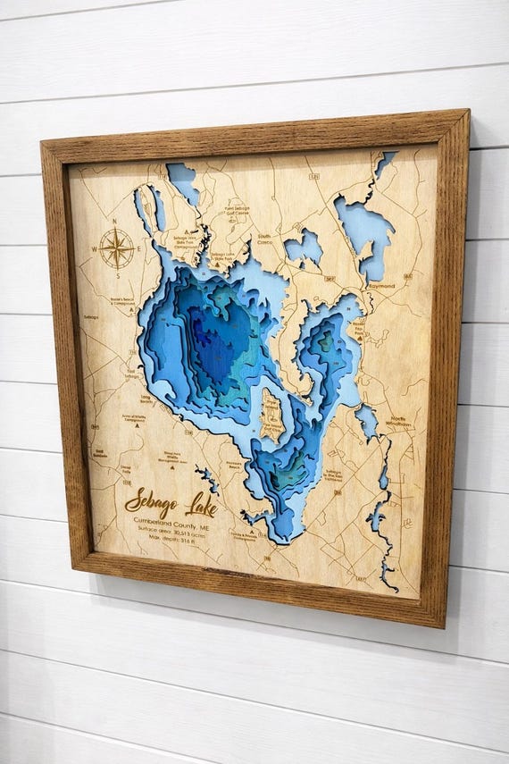 ANY LAKE Custom Lake Depth Map – Personalized Laser Engraved Wood Map with Oak Frame – 2, 4, or 9 Layer Bathymetric Lake Wall Art
