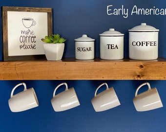 Floating Shelf with Coffee Mug Hooks | Stained | FREE SHIPPING |