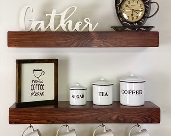 Coffee Bar Shelf Set of 2 | FREE SHIPPING | Floating Shelves with Coffee Mug Hooks
