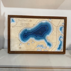 Mapa de profundidad de lago personalizado ANY LAKE: mapa de madera personalizado grabado a láser con marco de roble; arte batimétrico de pared de lago de 2, 4 o 9 capas imagen 11