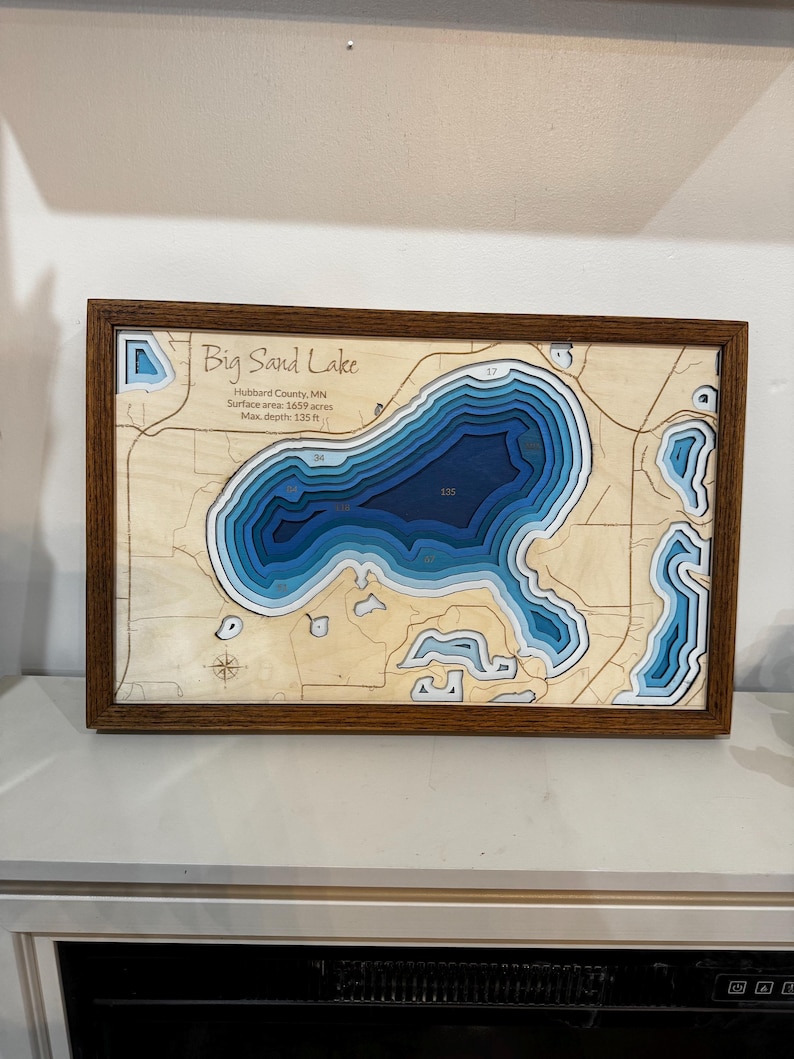 Mapa de profundidad de lago personalizado ANY LAKE: mapa de madera personalizado grabado a láser con marco de roble; arte batimétrico de pared de lago de 2, 4 o 9 capas imagen 11