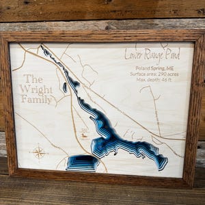 Mapa de profundidad de lago personalizado ANY LAKE: mapa de madera personalizado grabado a láser con marco de roble; arte batimétrico de pared de lago de 2, 4 o 9 capas imagen 13