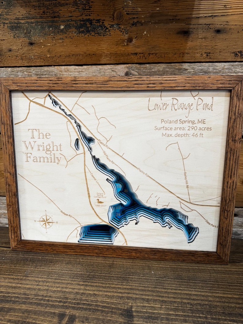 Mapa de profundidad de lago personalizado ANY LAKE: mapa de madera personalizado grabado a láser con marco de roble; arte batimétrico de pared de lago de 2, 4 o 9 capas imagen 13